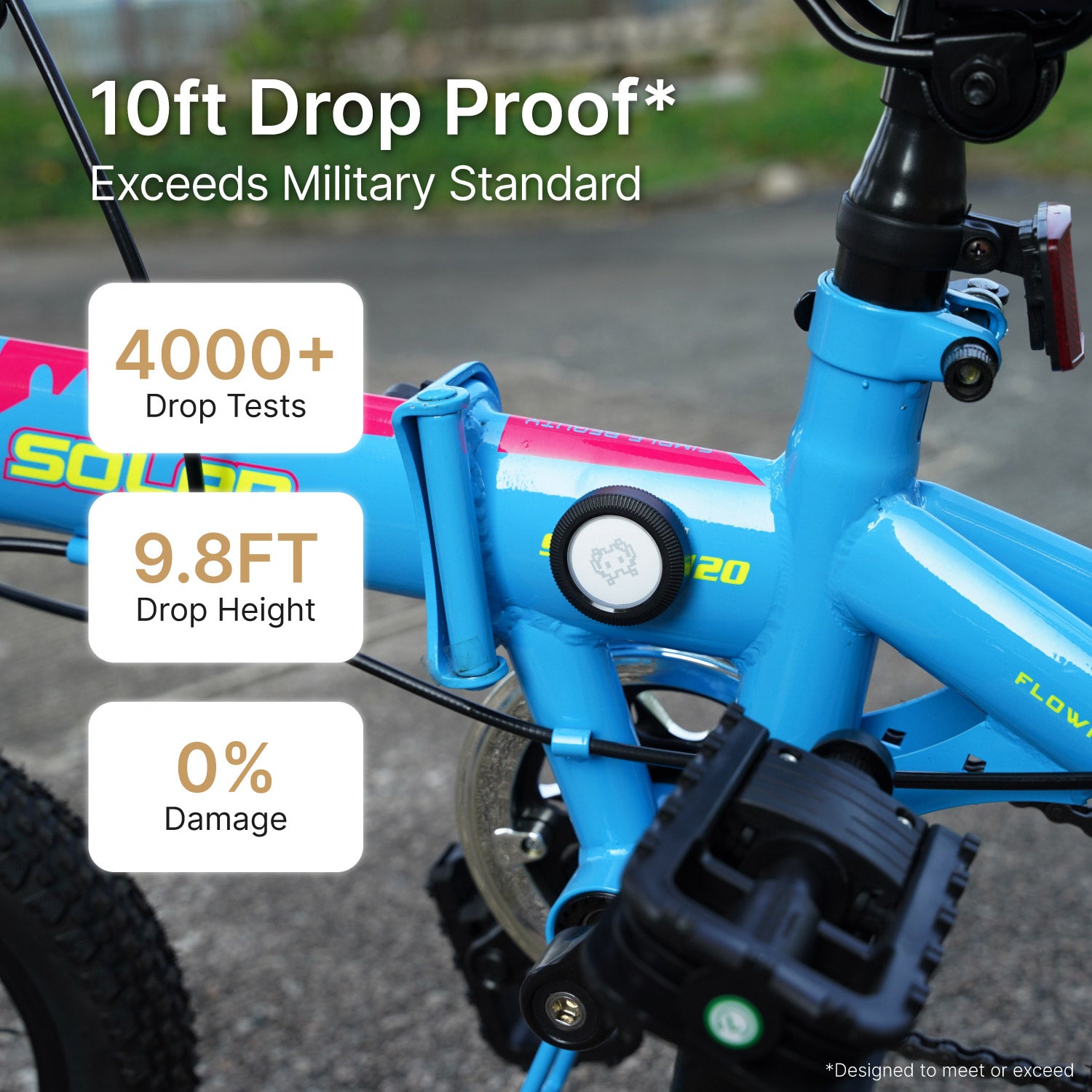 Catalyst airtag total protection case stick it attached to a bicycle text reads 10ft drop proof exceeds military standard 4000+ drop tests 9.8ft drop height 0%damage   
