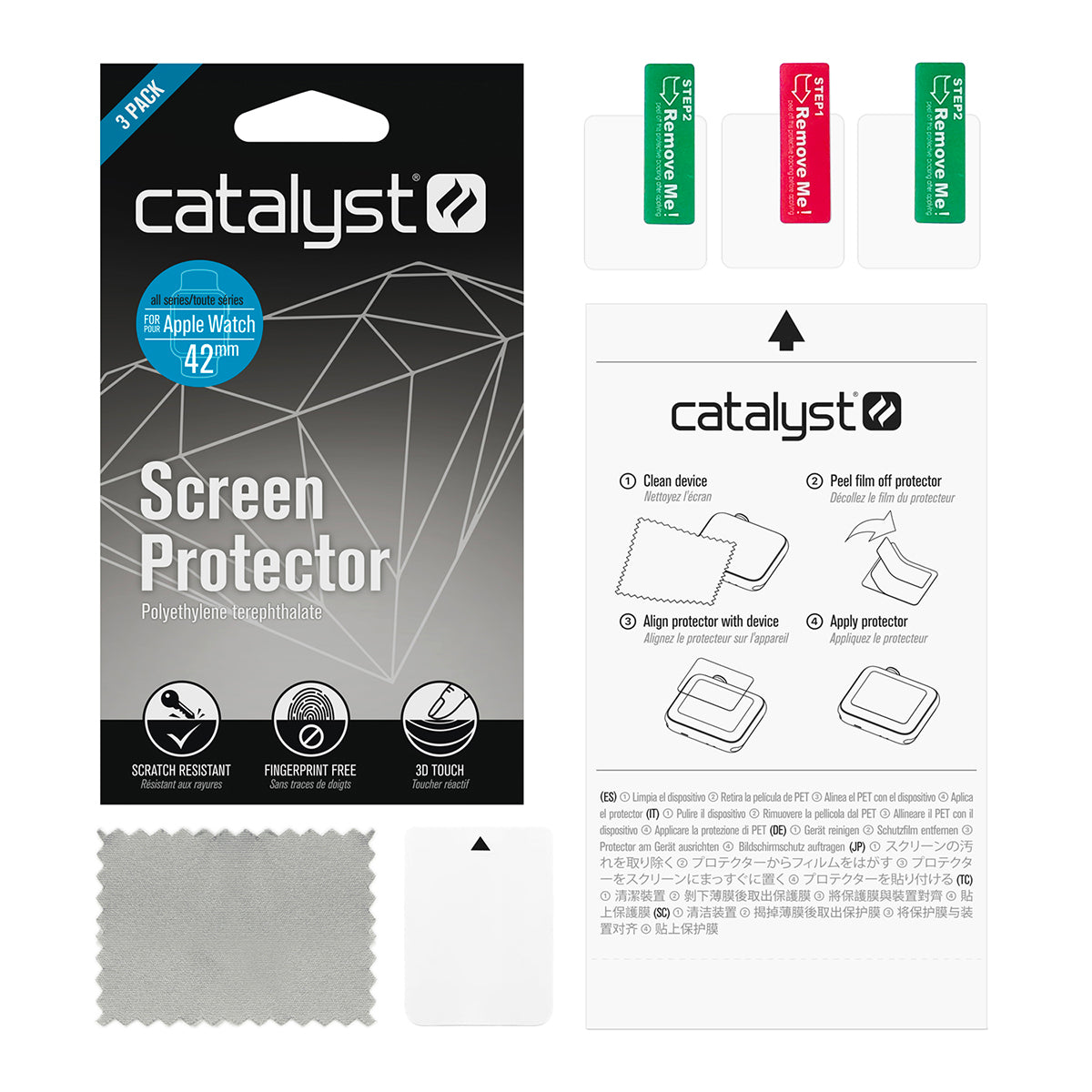 catalyst apple watch series 3 2 42mm impact protection case showing the packaging of the screen protector for apple watch microfiber cloth user manual screen protector