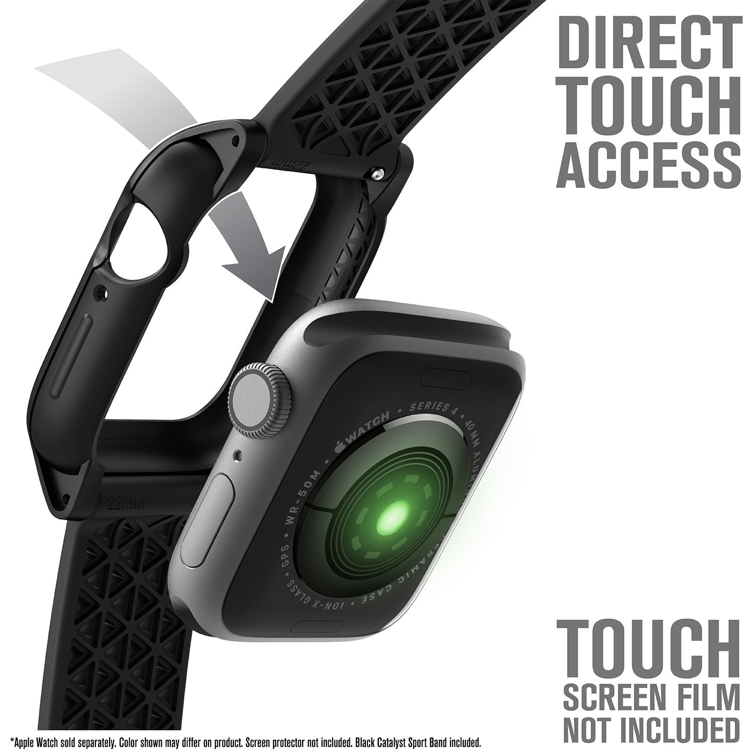 catalyst apple watch series 6 5 4 SE Gen 2/1 40mm impact protection case sport band showing the back of the apple watch and the catalyst case text reads direct touch access touch screen film not included