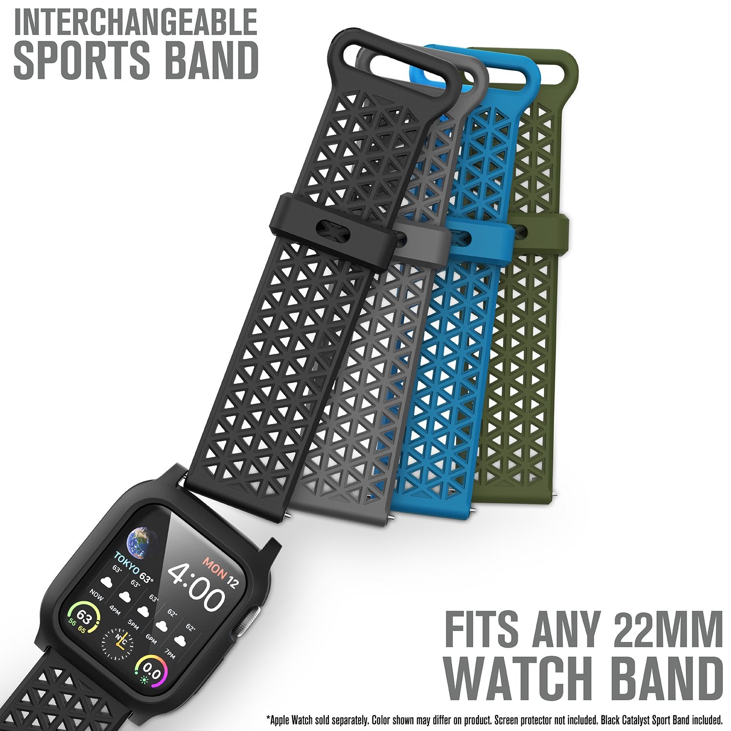 catalyst apple watch series 6 5 4 SE Gen 2/1 40mm impact protection case sport band showing the catalyst case and bands black gray lightblue army green text reads interchangeable sports band fits any 22m watch band