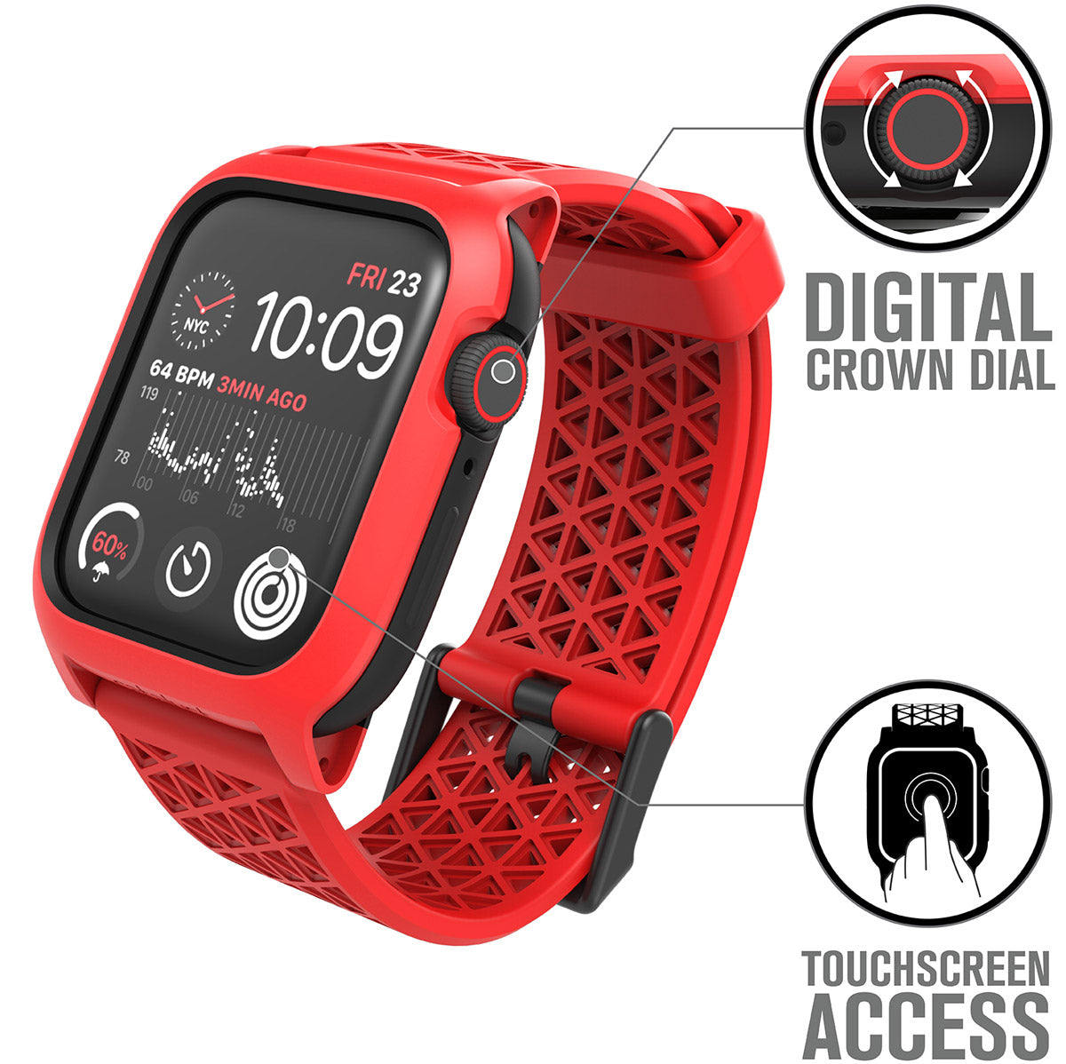 catalyst apple watch series 6 5 4 se gen 21 44mm 40mm impact protection case sport band flame red showing the digital crown dial and touchscreen access text reads digital crown dial touchscreen access