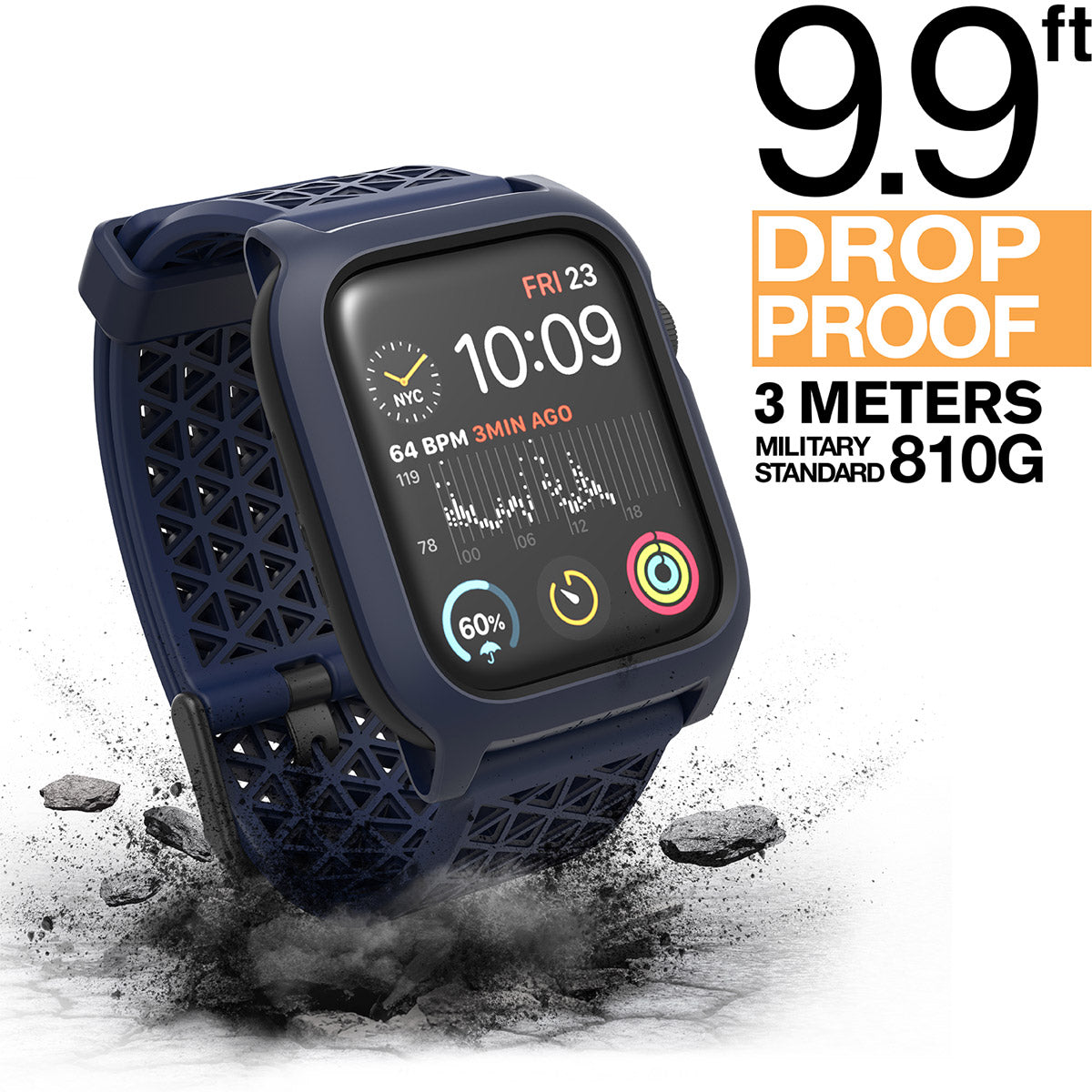 catalyst apple watch series 6 5 4 se gen 21 44mm 40mm impact protection case sport band midnight blue showing an apple watch with a catalyst case and a cracked floor text reads 9.9ft drop proof 3 meters military standard 810g