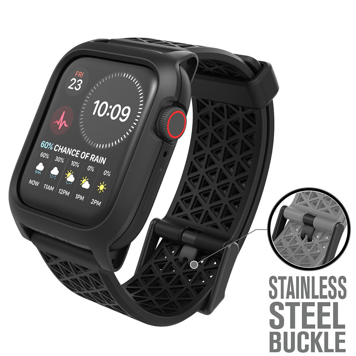 catalyst apple watch series 6 5 4 se gen 21 44mm 40mm impact protection case sport band stealth black showing an apple watch with stainless steel buckle text reads stainless steel buckle
