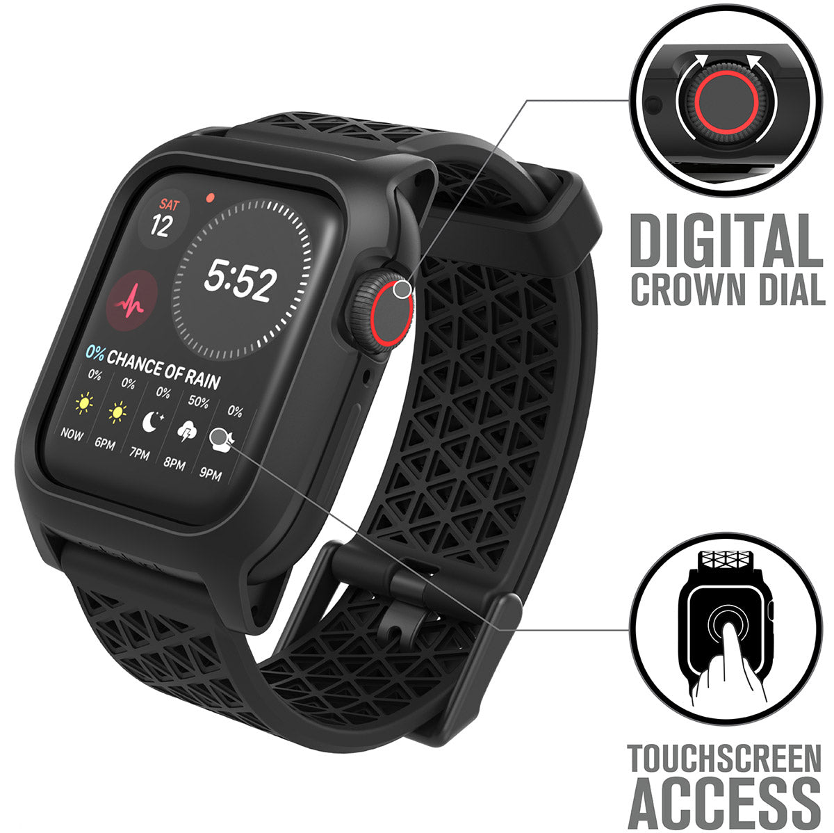 catalyst apple watch series 6 5 4 se gen 21 44mm 40mm impact protection case sport band stealth black showing the digital crown dial and touchscreen access text reads digital crown dial touchscreen access