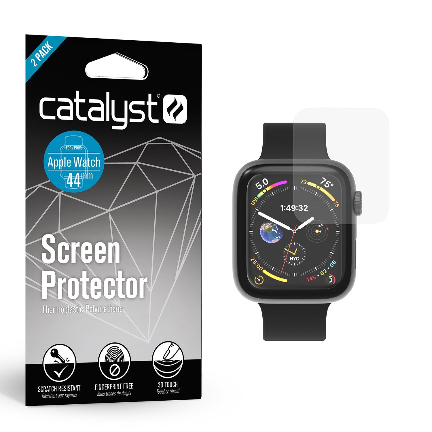 catalyst apple watch series 6 5 4 se gen 2 1 44mm screen protector 2 pack front view apple watch and screen protector