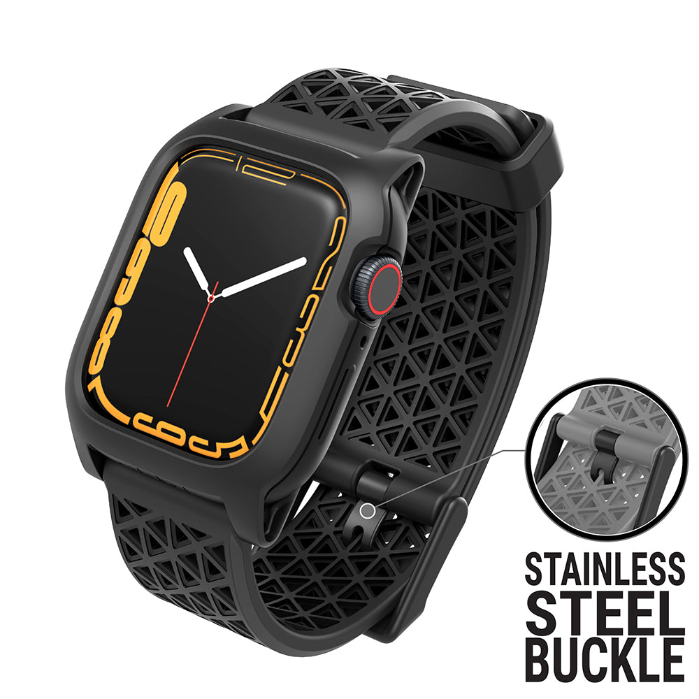 catalyst apple watch series 9 8 7 41mm 45mm active defense case sport band showing an apple watch with stainless steel buckle text reads stainless steel buckle