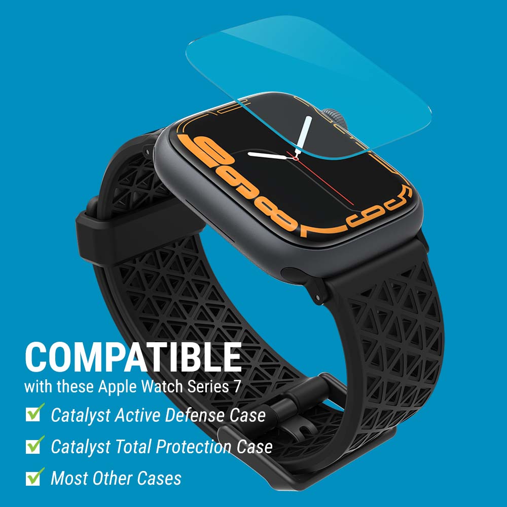 Catalyst Apple Watch Series 9/8/7, 45mm/41mm - Screen Protector showing catalyst sports band installed on the apple watch with screen protector text reads compatible with these apple watch series 7 catalyst active defense case catalyst total protection case most other cases