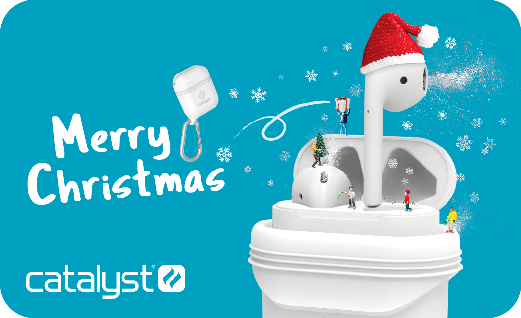  Catalyst christmast e-gift card showing the catalyst airpod case with carabiner text reads merry christmas catalyst