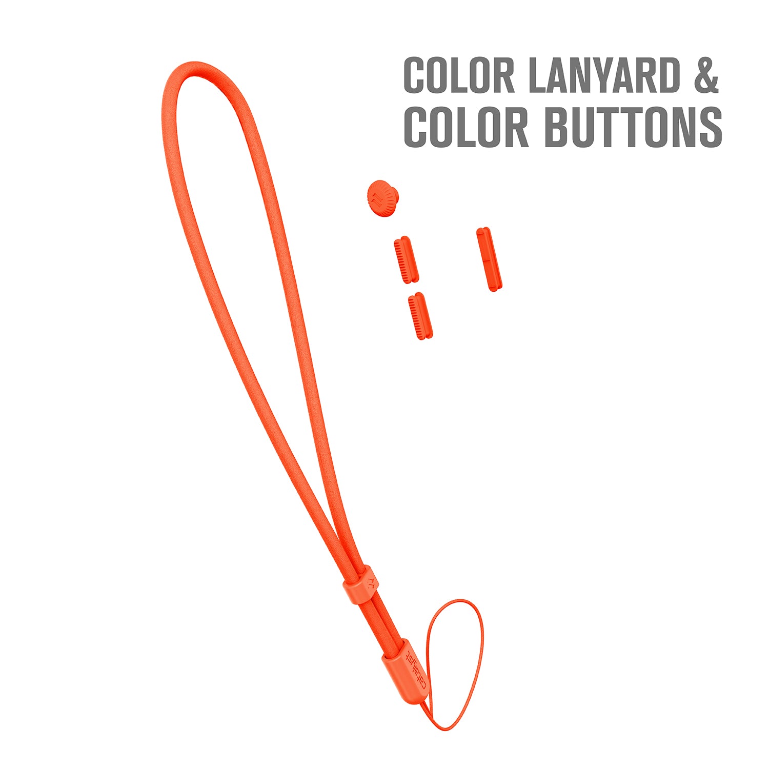 catalyst colored lanyard & buttons product itself orange text reads color lanyard & color buttons