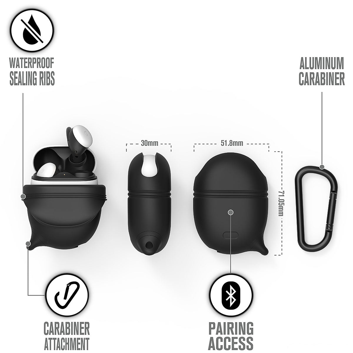  Catalyst google pixel buds 2 waterproof case carabiner showing the case dimension and features text reads waterproof sealing ribs aluminum carabiner pairing access carabiner attachment 