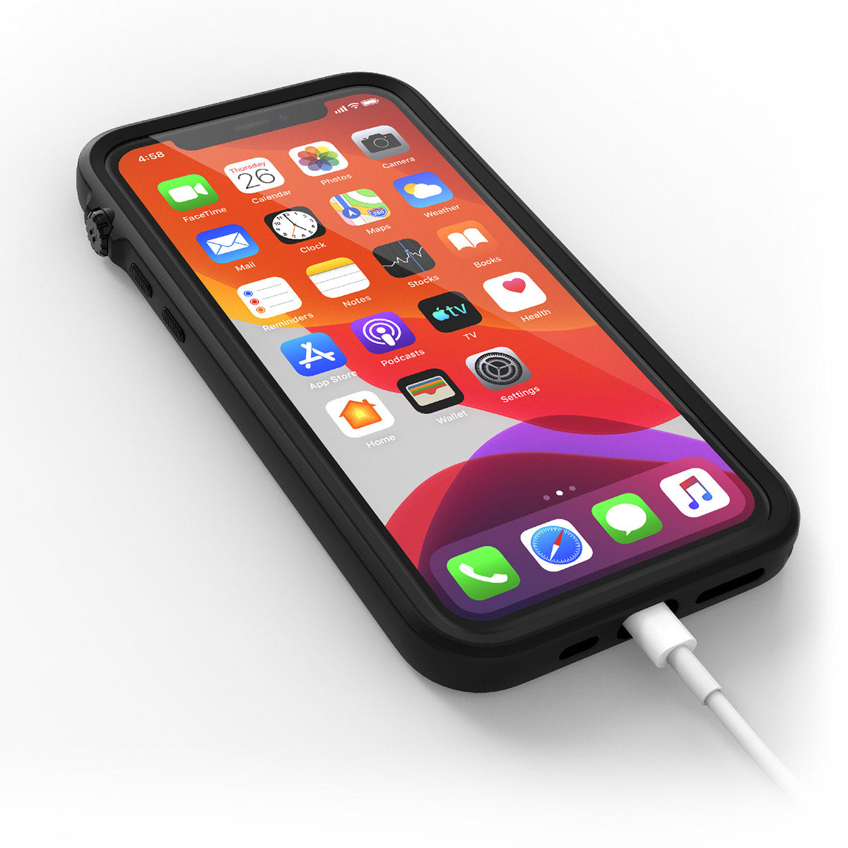 catalyst iPhone 11 series impact protection case black with an iPhone 11 pro plugged into the charging cable