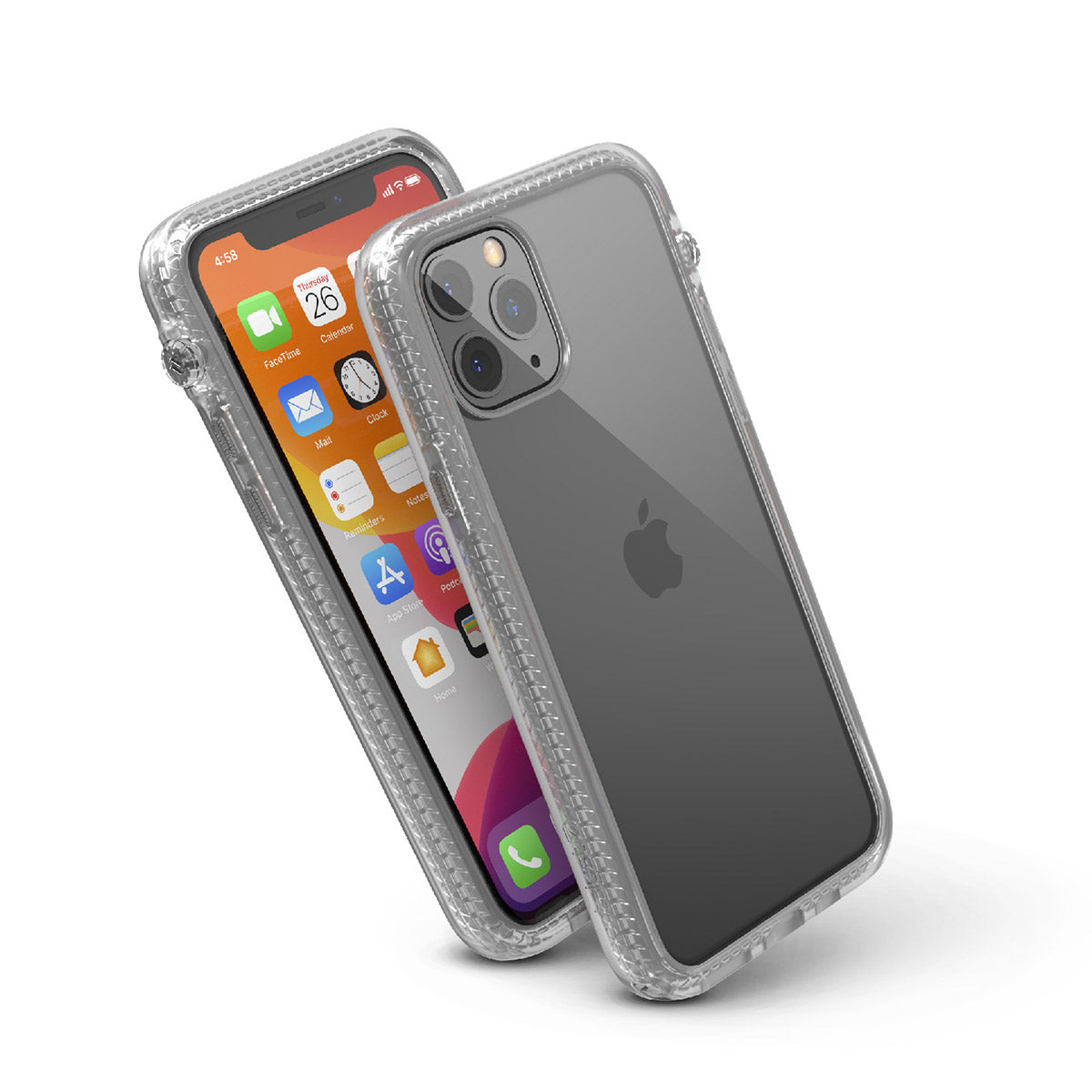catalyst iPhone 11 series impact protection case clear showing side views and buttons of the case for iPhone 11 pro