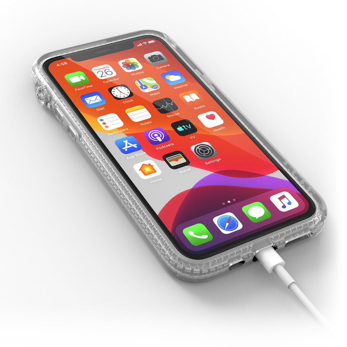 catalyst iPhone 11 series impact protection case clear with an iPhone 11 pro plugged into the charging cable