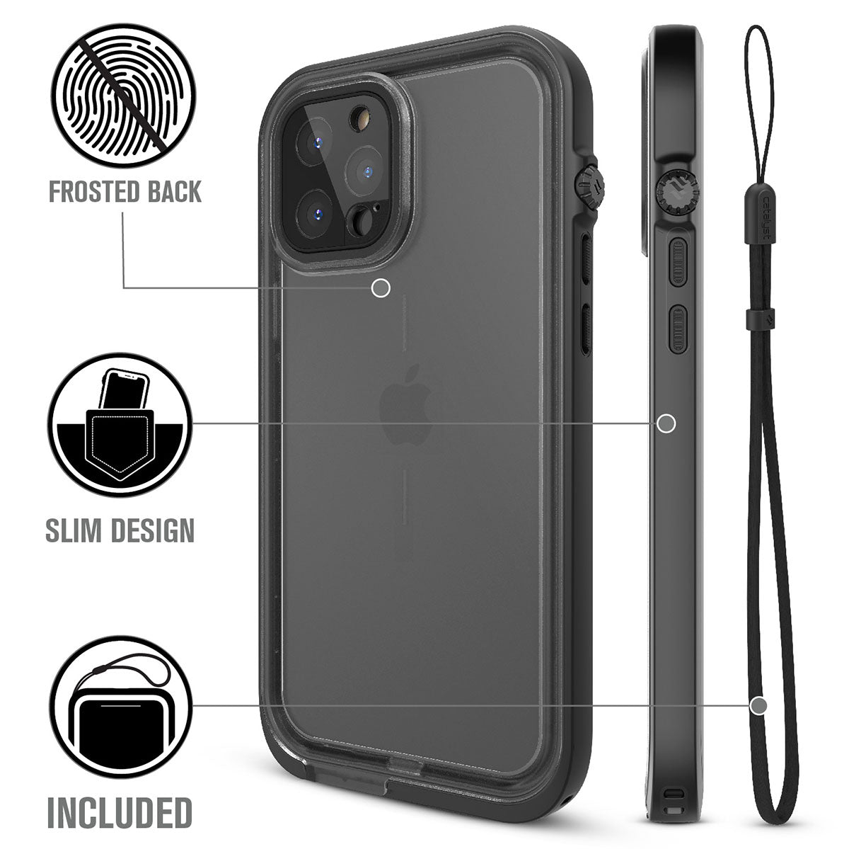 Catalyst iPhone 12 Pro Max waterproof case total protection drop proof water proof front back case with lanyard Text readsfrosted back slim design