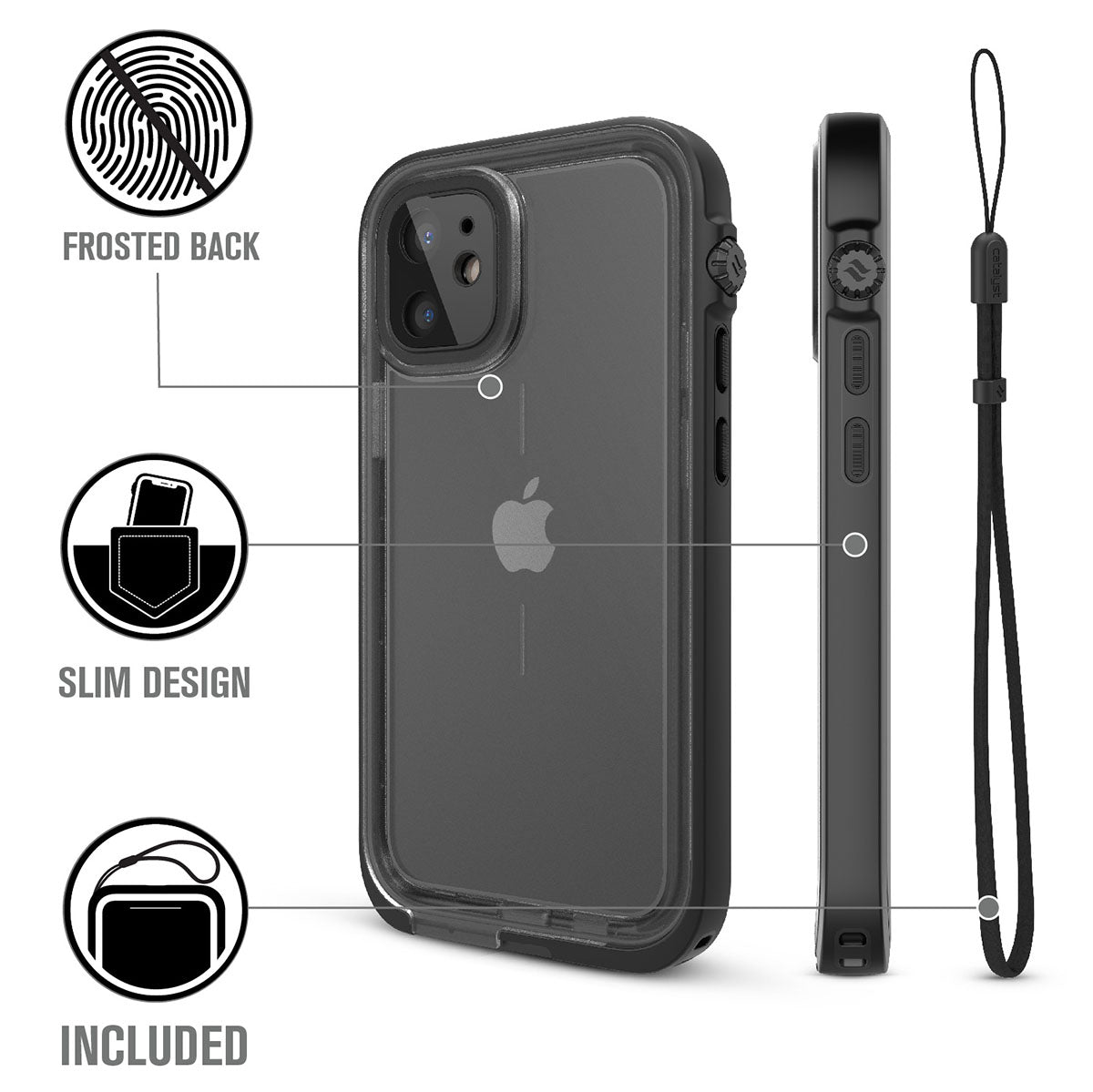 Catalyst iPhone 12 mini waterproof case total protection drop proof water proof front back case with lanyard Text reads frosted back slim design slim design included