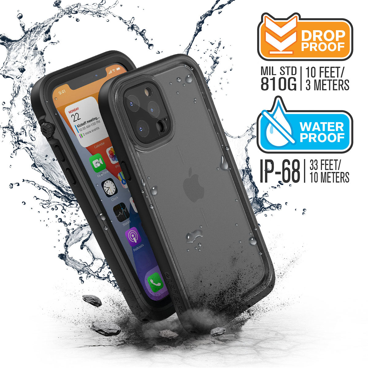 Catalyst iPhone 12 waterproof case total protection drop proof water proof Text reads MIL STD 810G 10 feet-3 meters Water proof IP-68 33/feet 10 meters