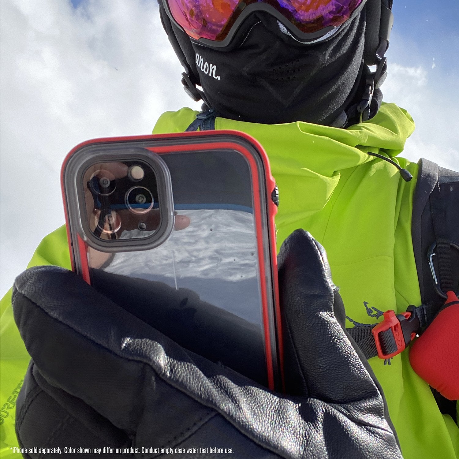 Catalyst iphone 11 pro max waterproof case showing the man holding the phone with case in stealth black colorway