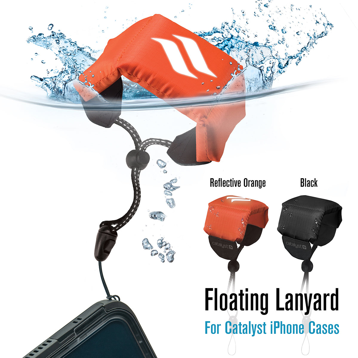 Catalyst iphone 11 series waterproof case floating lanyard attached to a case text reads reflective orange and black floating lanyard for catalyst iphone cases