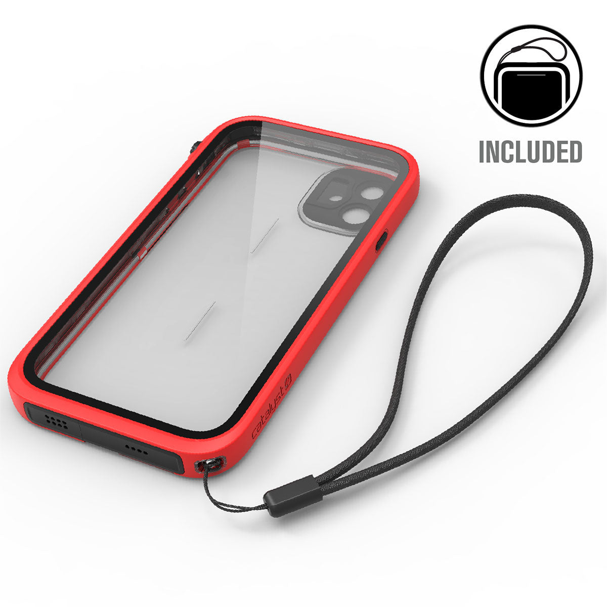 Catalyst iphone 11 series waterproof case in iphone 11 in a flame red colorway with lanyard. Text reads included