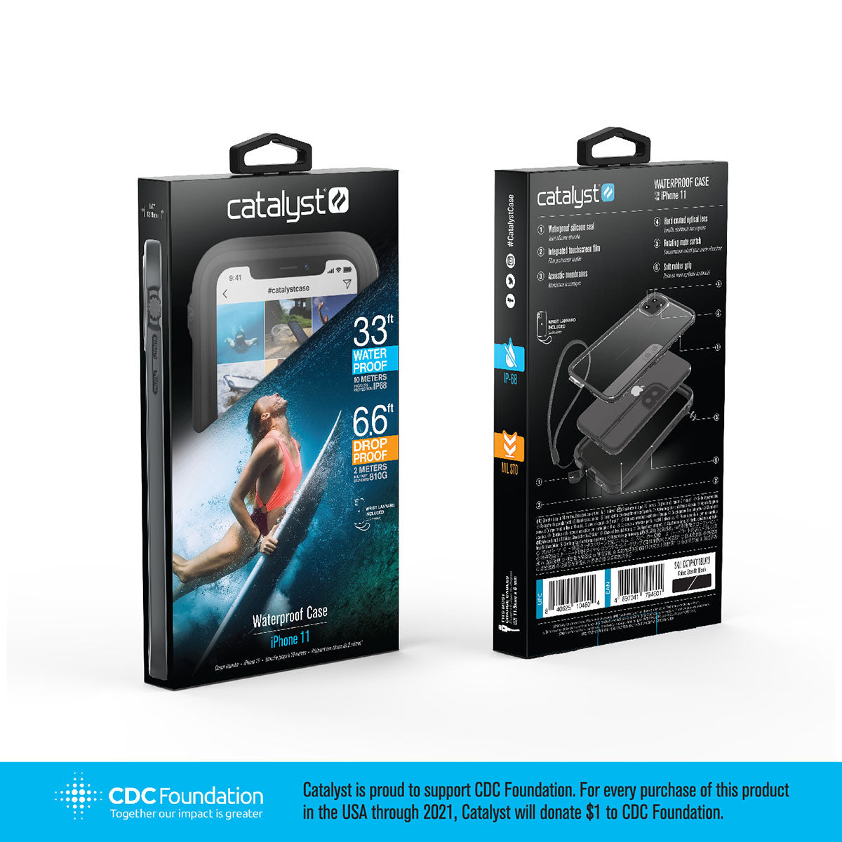 Catalyst iphone 11 series waterproof case in iphone 11 in a stealth black colorway showing the front and back view of the packaging.