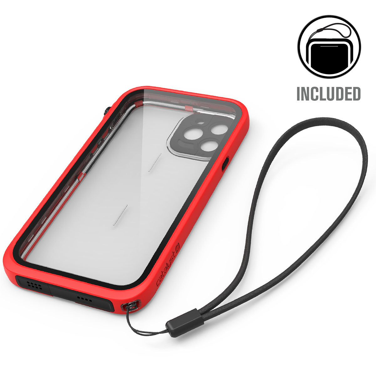 Catalyst iphone 11 series waterproof case in iphone 11 pro in a flame red colorway with lanyard. Text reads included