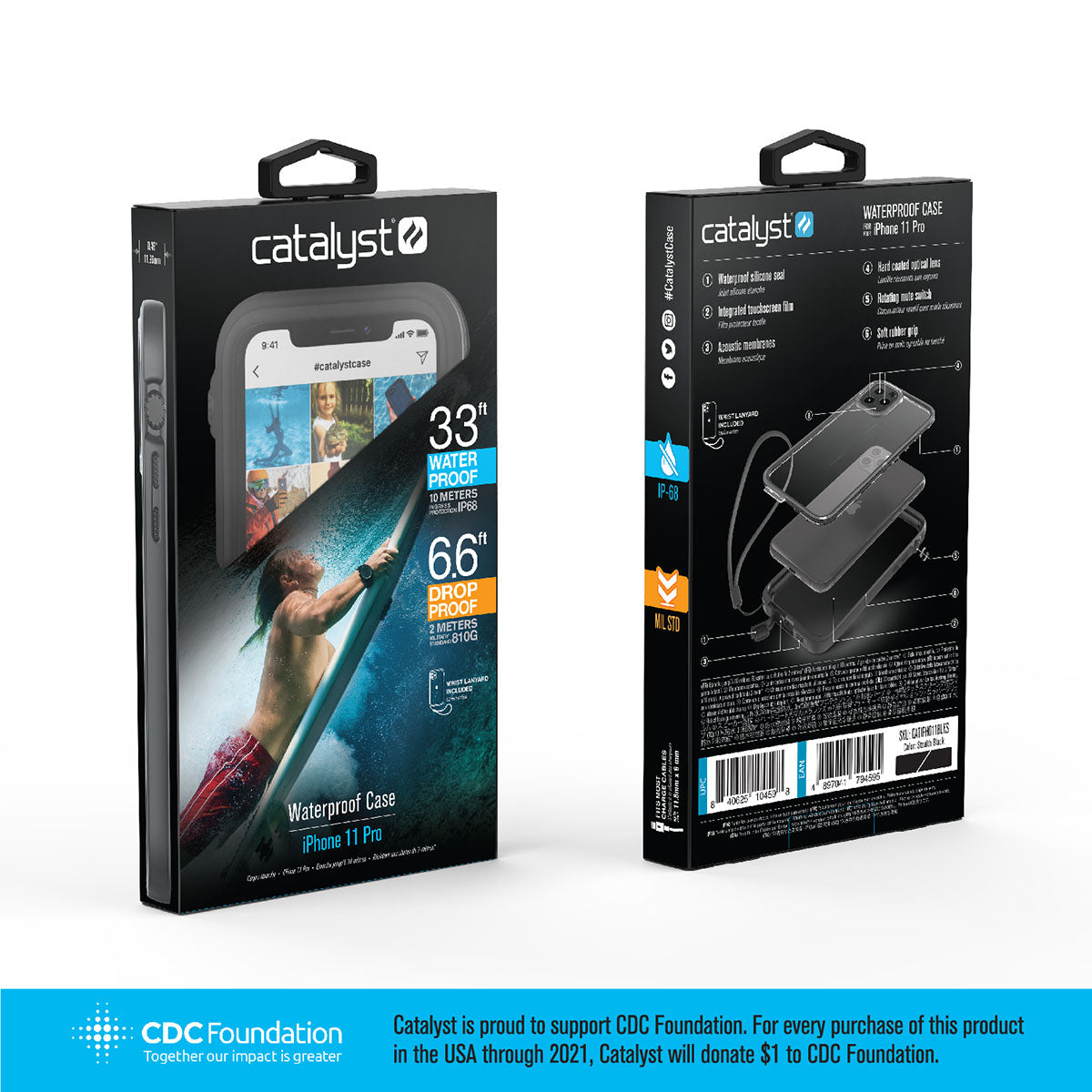 Catalyst iphone 11 series waterproof case in iphone 11 pro in a stealth black colorway showing the front and back view of the packaging.