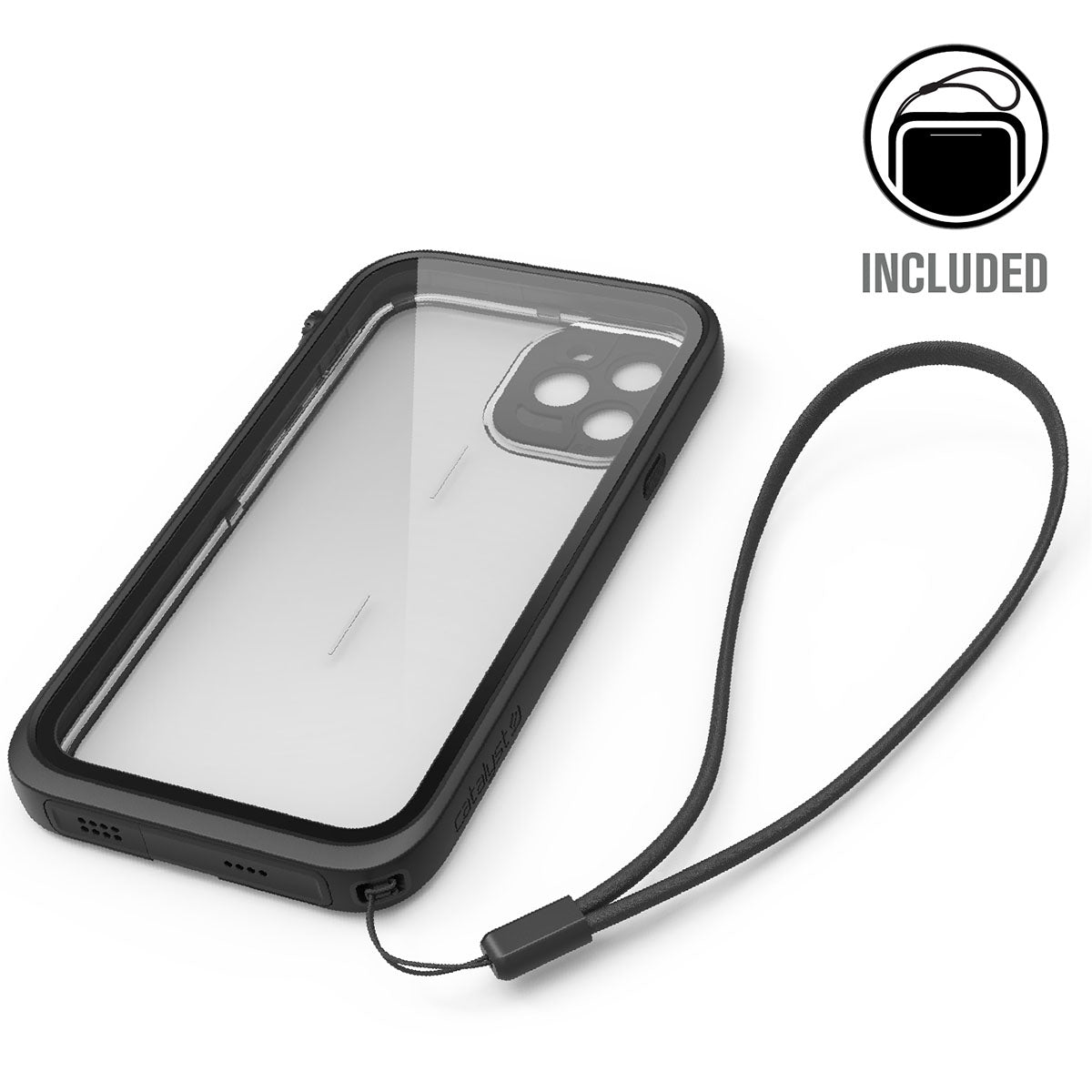 Catalyst iphone 11 series waterproof case in iphone 11 pro in a stealth black colorway with lanyard. Text reads included