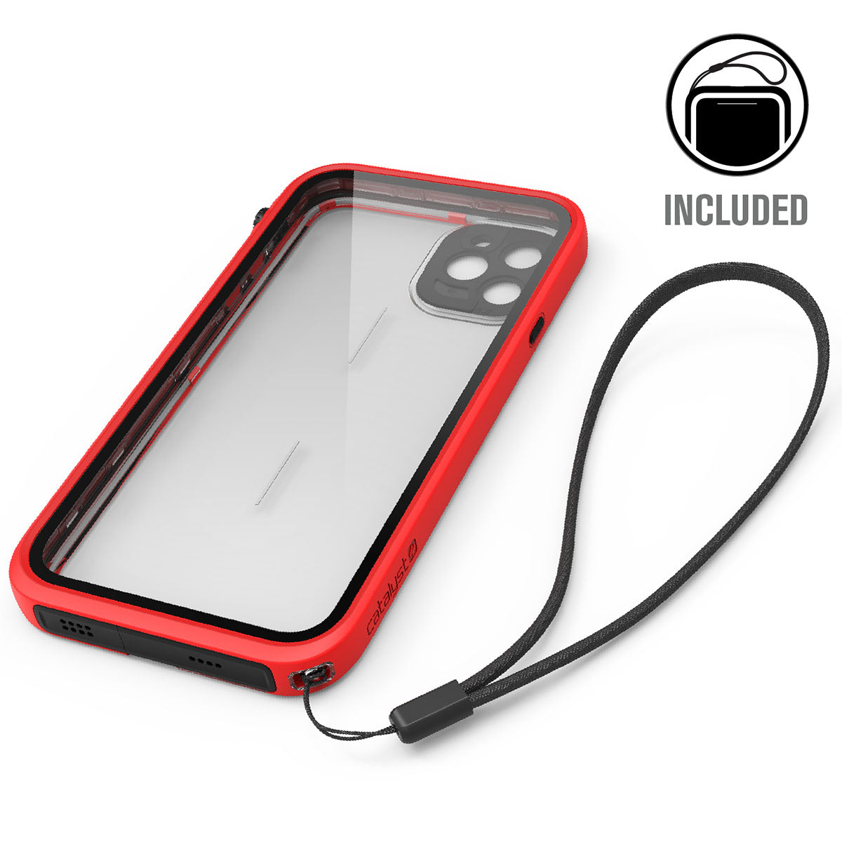 Catalyst iphone 11 series waterproof case in iphone 11pro max  in a flame red colorway with lanyard. Text reads included