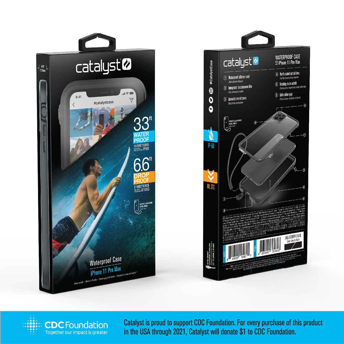 Catalyst iphone 11 series waterproof case in iphone 11 pro max in a stealth black colorway showing the front and back view of the packaging.