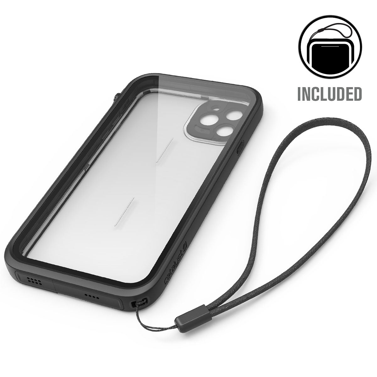 Catalyst iphone 11 series waterproof case in iphone 11pro max in a stealth black colorway with lanyard. Text reads included