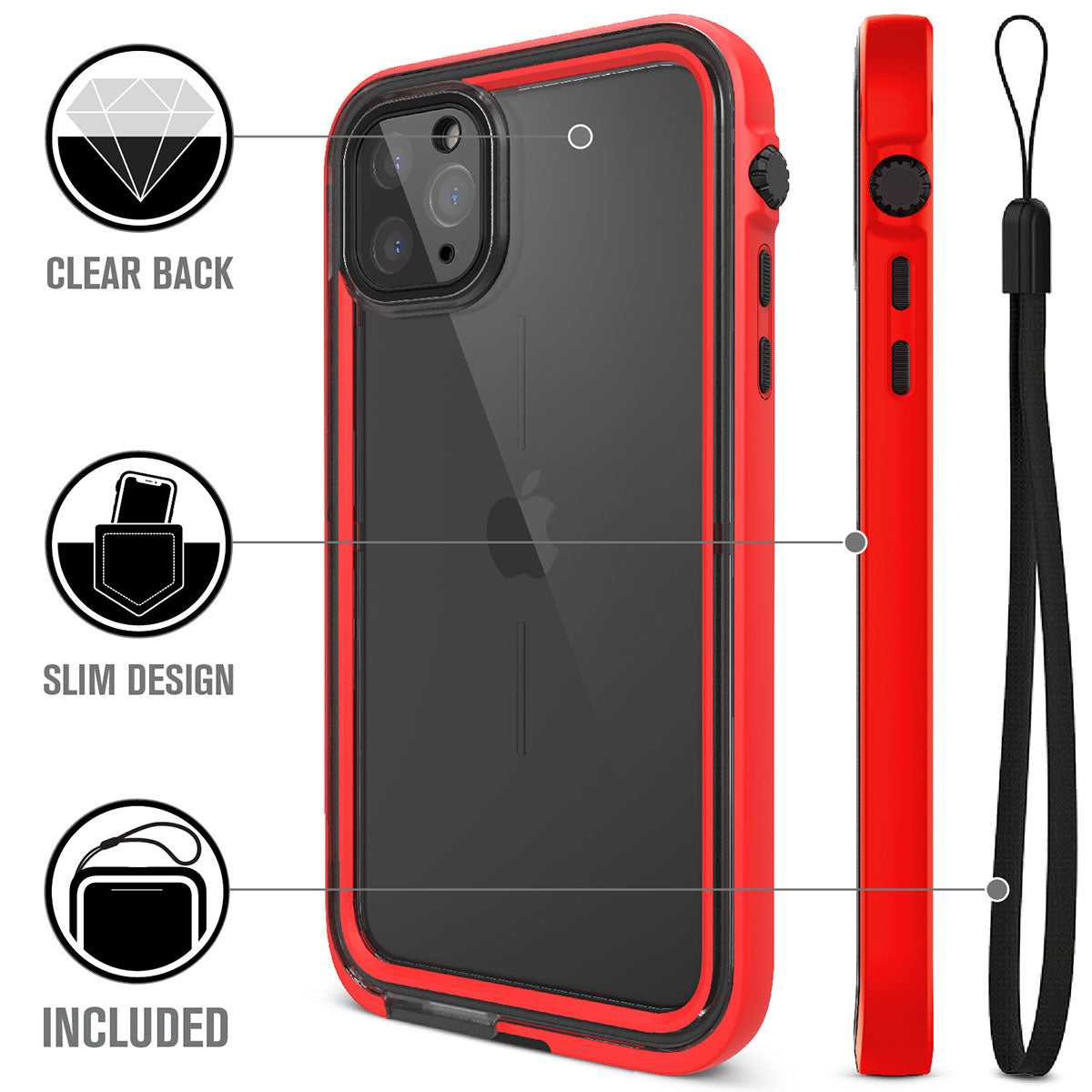 Catalyst iphone 11 series waterproof case in iphone 11 pro max showing the case features in a flame red colorway with lanyard. Text reads clear back slim design included.