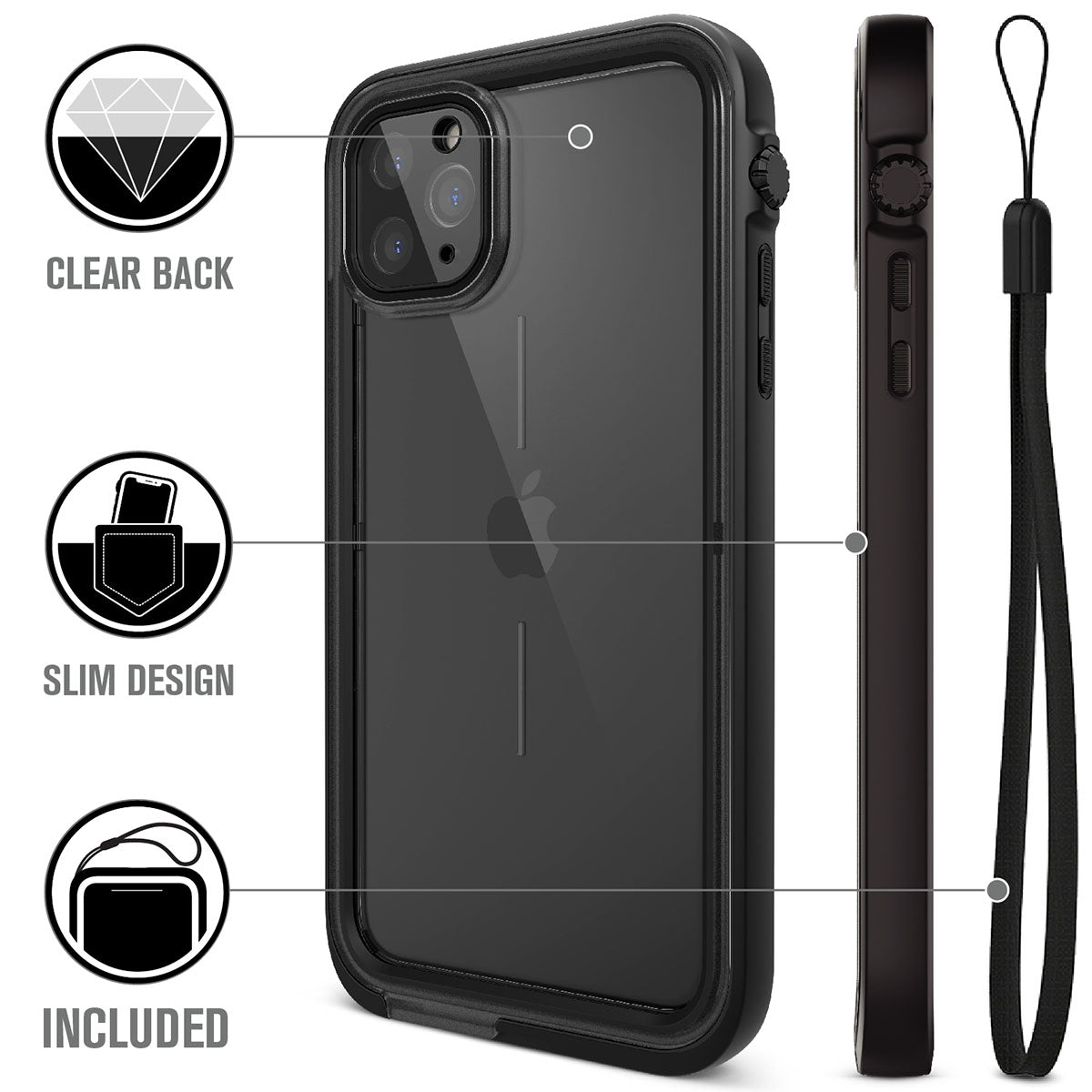 Catalyst iphone 11 series waterproof case in iphone 11 pro max showing the case features in a stealth black colorway with lanyard. Text reads clear black slim design included.