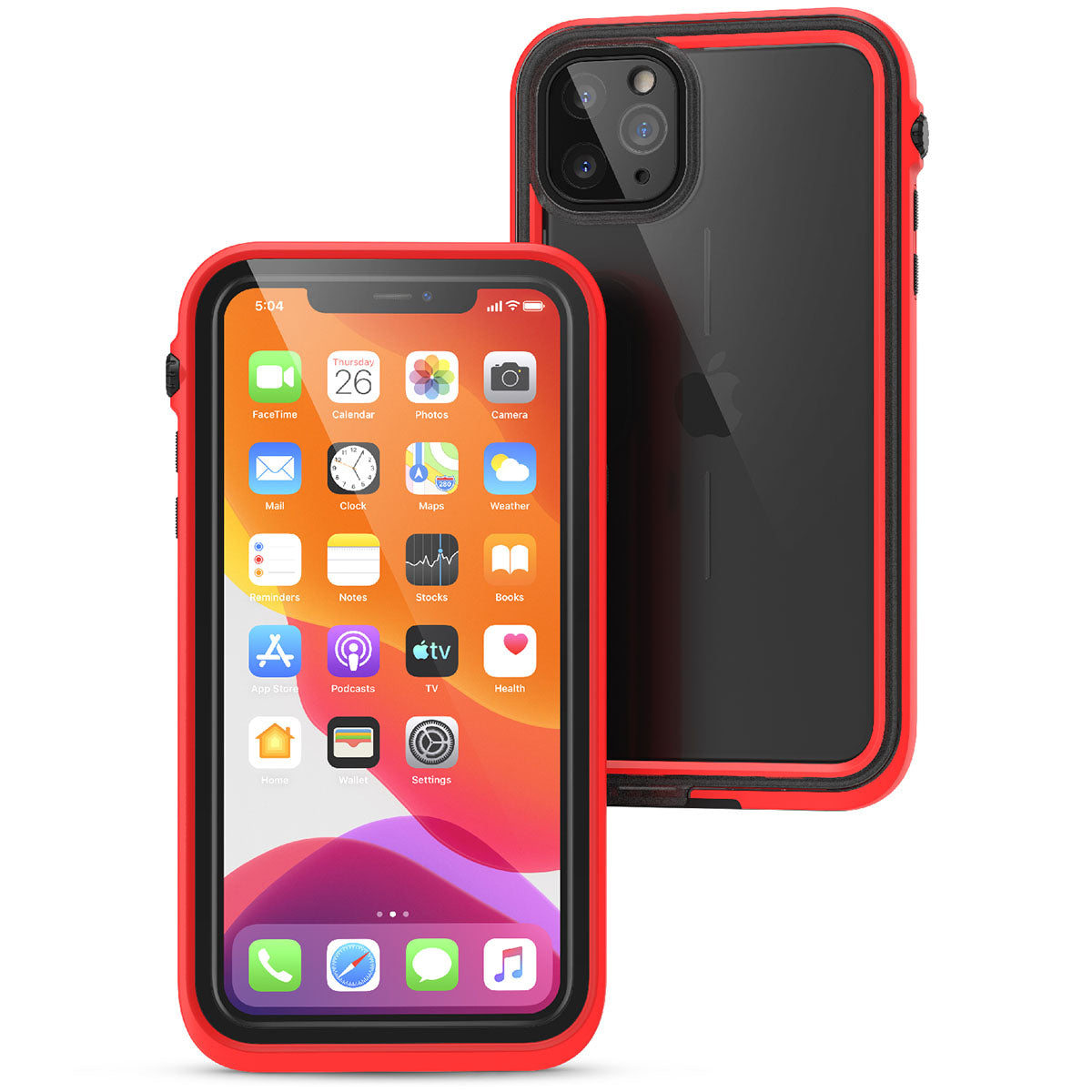 Catalyst iphone 11 series waterproof case in iphone 11 pro max showing the front and back view of the case in a flame red colorway.