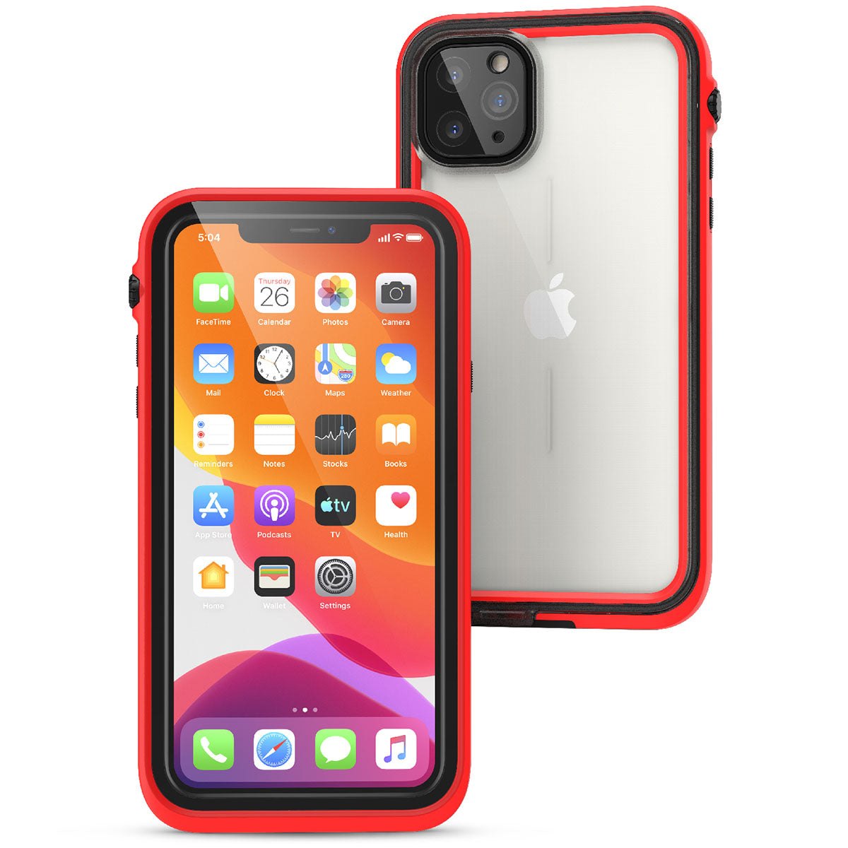 Catalyst iphone 11 series waterproof case in iphone 11 pro max showing the front and back view of the case in a flame red colorway.