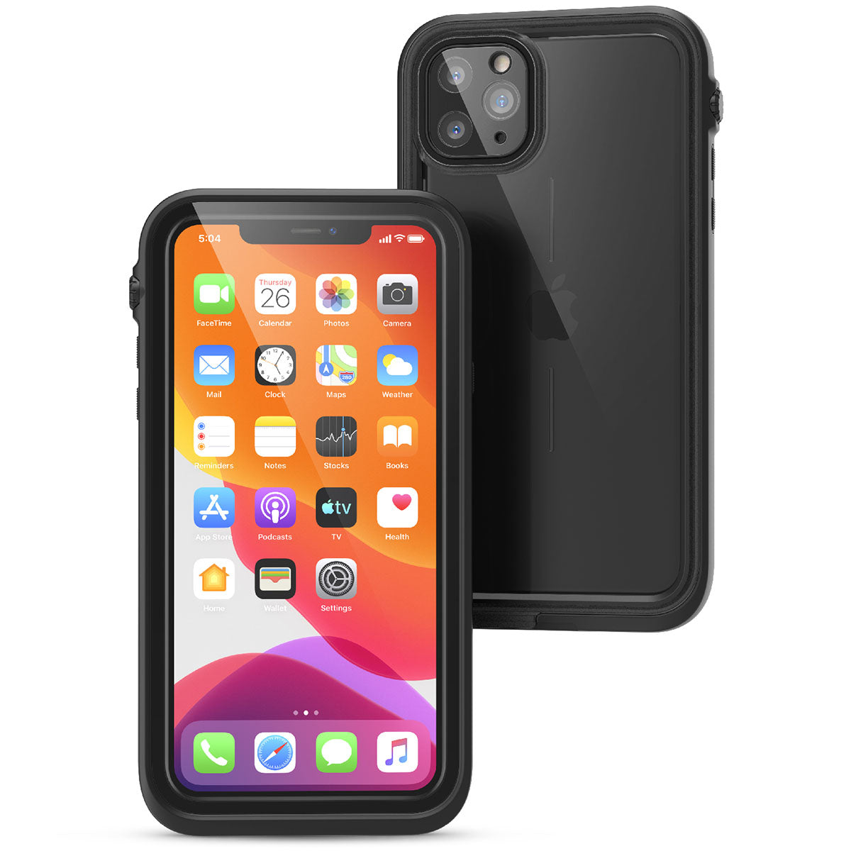 Catalyst iphone 11 series waterproof case in iphone 11 pro max showing the front and back view of the case in a stealth black colorway.