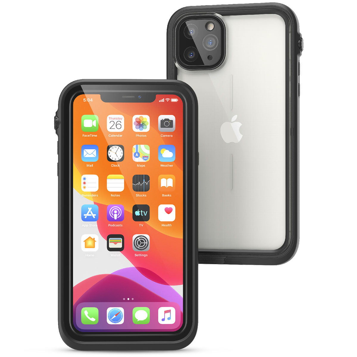 Catalyst iphone 11 series waterproof case in iphone 11 pro max showing the front and back view of the case in a stealth black colorway.