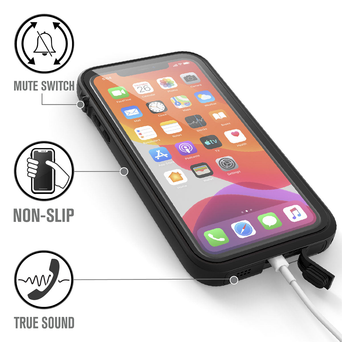 Catalyst iphone 11 series waterproof case in iphone 11 pro max showing the phone while charging in a stealth black colorway. Text reads mute switch non slip true sound.