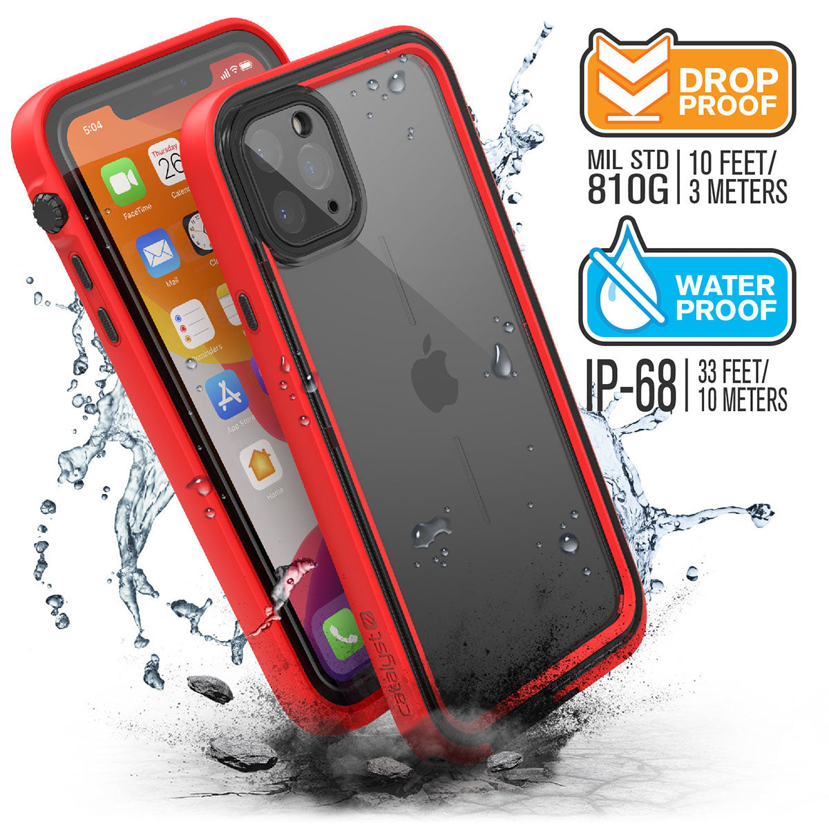 Catalyst iphone 11 series waterproof case in iphone 11pro max showing the side front and back view of the case in a flame red colorway. Text reads drop proof MIL-STD 810G 10 FEET/3 METERS WATERPROOF IP-68 33 FEET/10 METERS