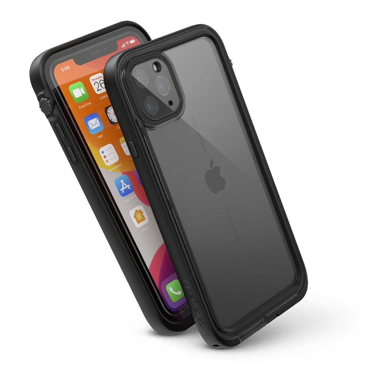 Catalyst iphone 11 series waterproof case in iphone 11 pro max showing the side front and back view of the case in a stealth black colorway.