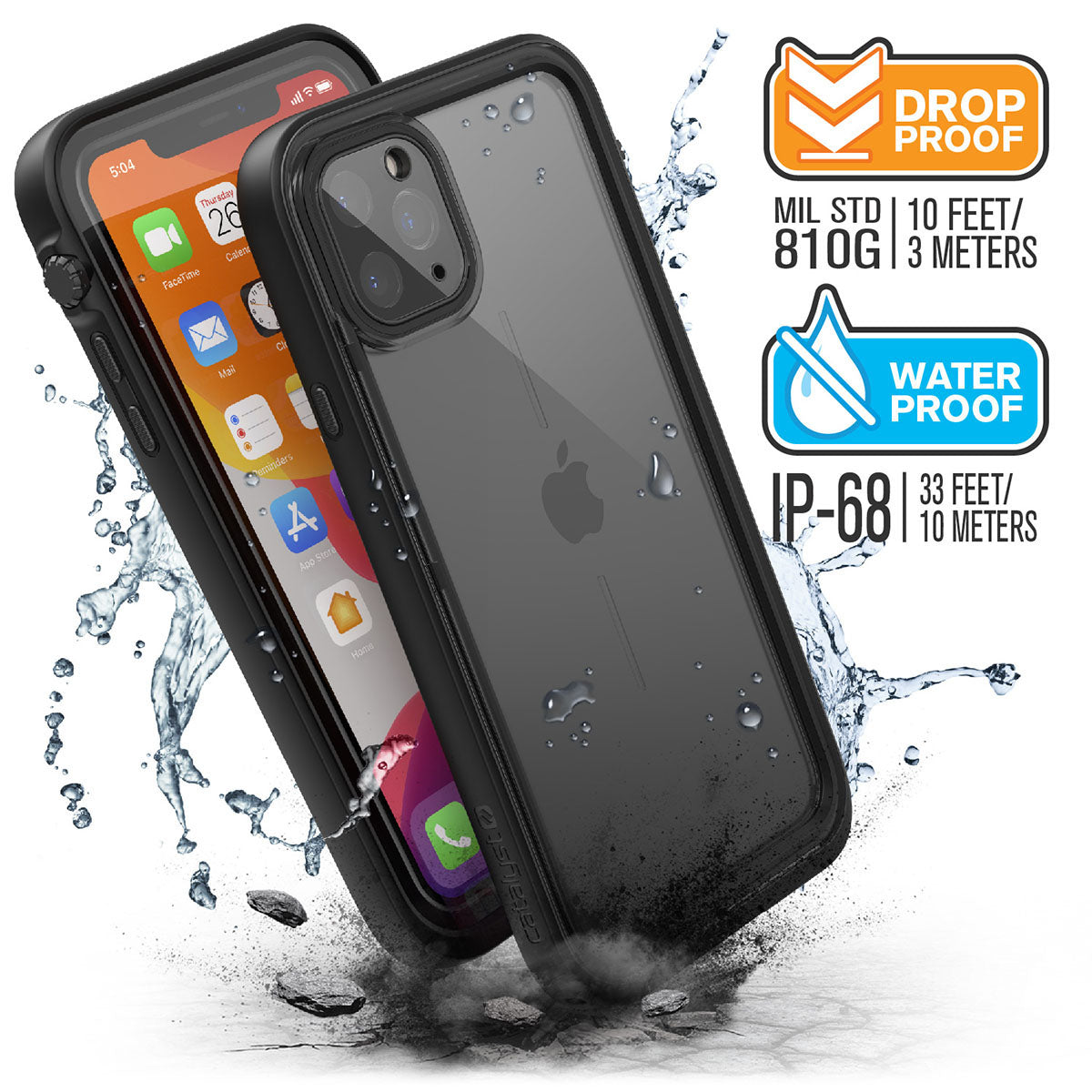 Catalyst iphone 11 series waterproof case in iphone 11 pro max showing the side front and back view of the case in a stealth black colorway. Text reads drop proof MIL-STD 810G 10 FEET/3 METERS WATERPROOF IP-68 33 FEET/10 METERS