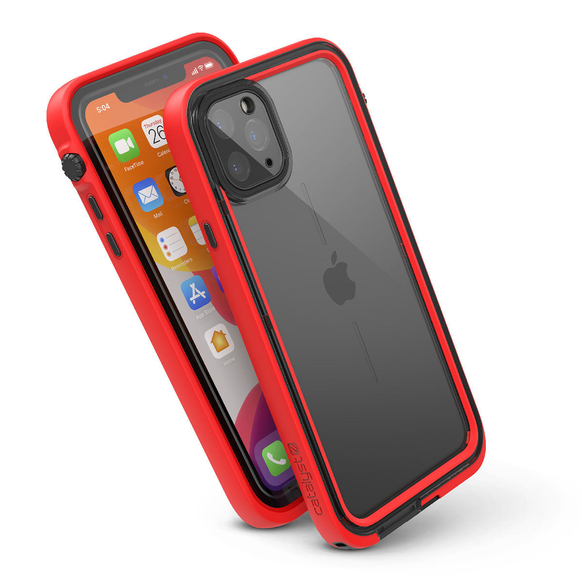 Catalyst iphone 11 series waterproof case in iphone 11 pro max showing the side front and back view of the case in flame red colorway.