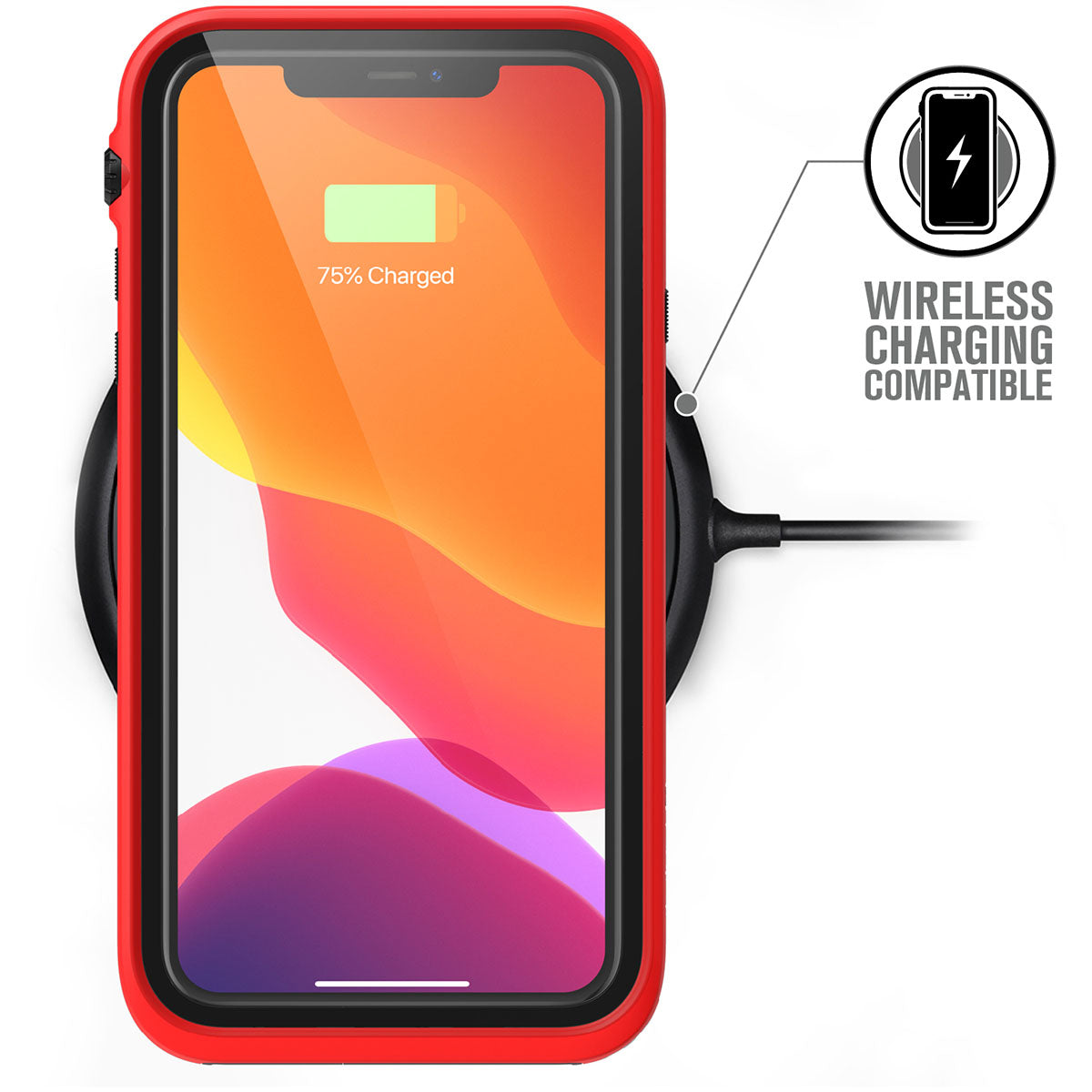 Catalyst iphone 11 series waterproof case in iphone 11 pro max showing wireless charging through case in a flame red colorway. Text reads wireless charging compatible.