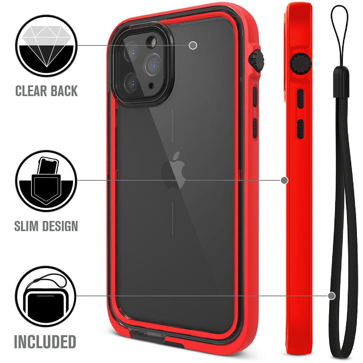 Catalyst iphone 11 series waterproof case in iphone 11 pro showing the case features in a flame red colorway with lanyard. Text reads clear back slim design included.