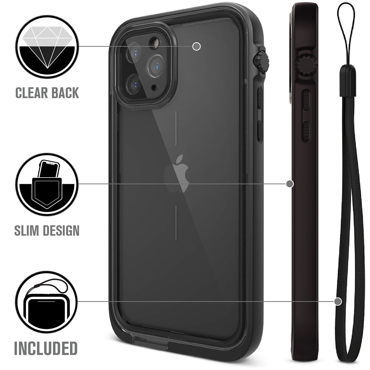 Catalyst iphone 11 series waterproof case in iphone 11 pro showing the case features in a stealth black colorway with lanyard. Text reads clear black slim design included.