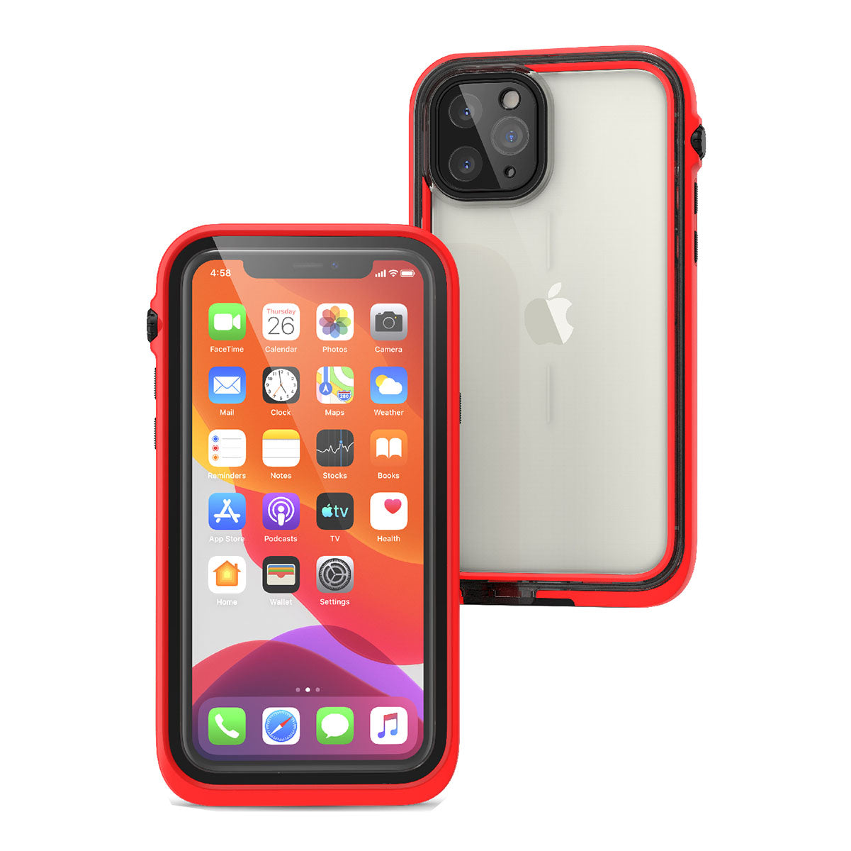 Catalyst iphone 11 series waterproof case in iphone 11 pro showing the front and back view of the case in a flame red colorway.