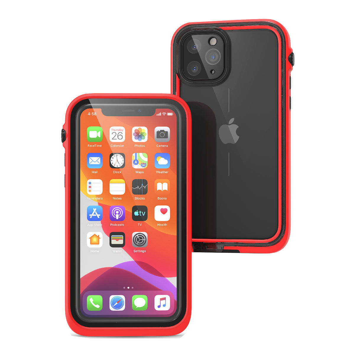 Catalyst iphone 11 series waterproof case in iphone 11 pro showing the front and back view of the case in a flame red colorway.