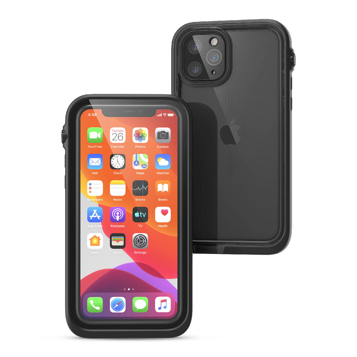 Catalyst iphone 11 series waterproof case in iphone 11 pro showing the front and back view of the case in a stealth black colorway.