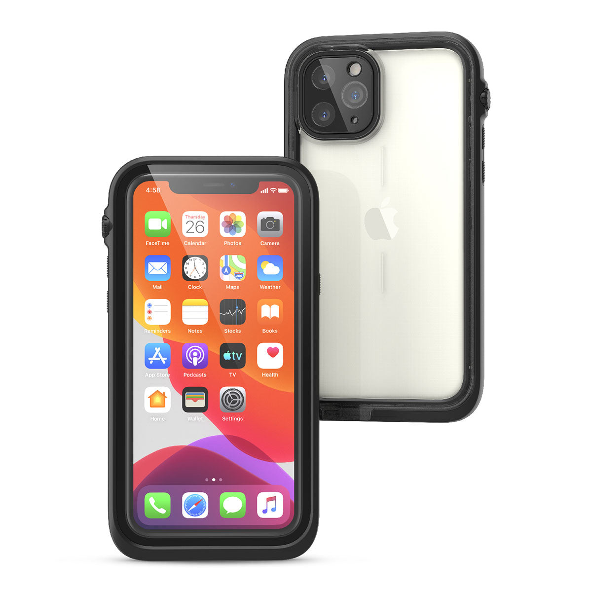 Catalyst iphone 11 series waterproof case in iphone 11 pro showing the front and back view of the case in a stealth black colorway