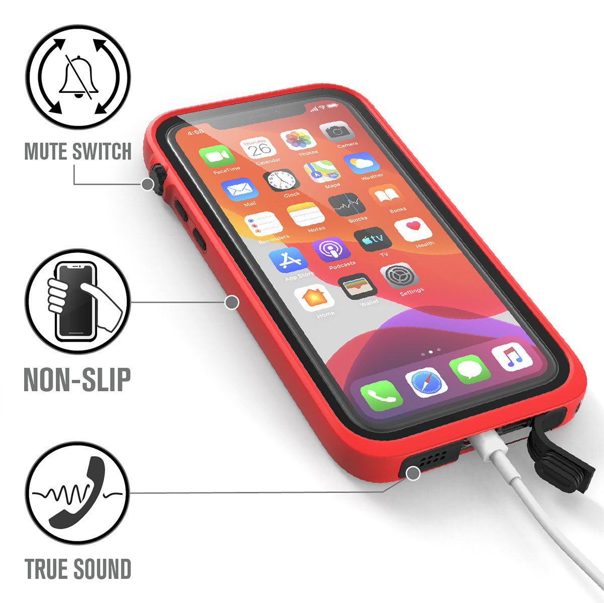 Catalyst iphone 11 series waterproof case in iphone 11 pro showing the phone while charging in a flame red colorway. Text reads mute switch non slip true sound.