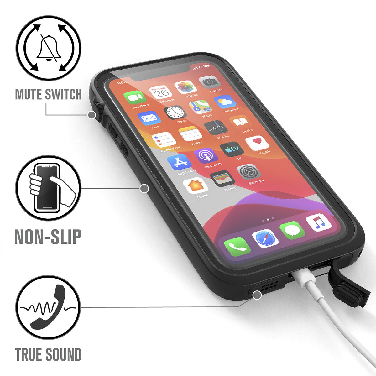  Catalyst iphone 11 series waterproof case in iphone 11 pro showing the phone while charging in a stealth black colorway. Text reads mute switch non slip true sound.